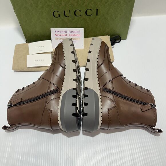 NIB Gucci GG Lace-Up Boots 9 US 9.5 Brown Leather Yellow Insert Side Zip $1600 main image 6